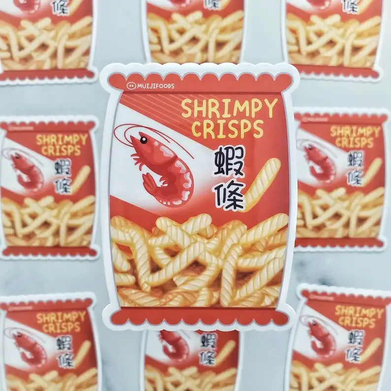 Sticker made to look like a bag of Asian shrimp chips