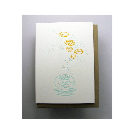 Back of shucked oyster card with illustrations of a few closed oysters