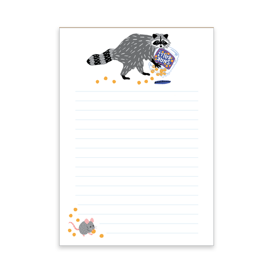Notepad with a raccoon illustration holding a container of snak cheez ballz and a mouse on the bottom on a white background