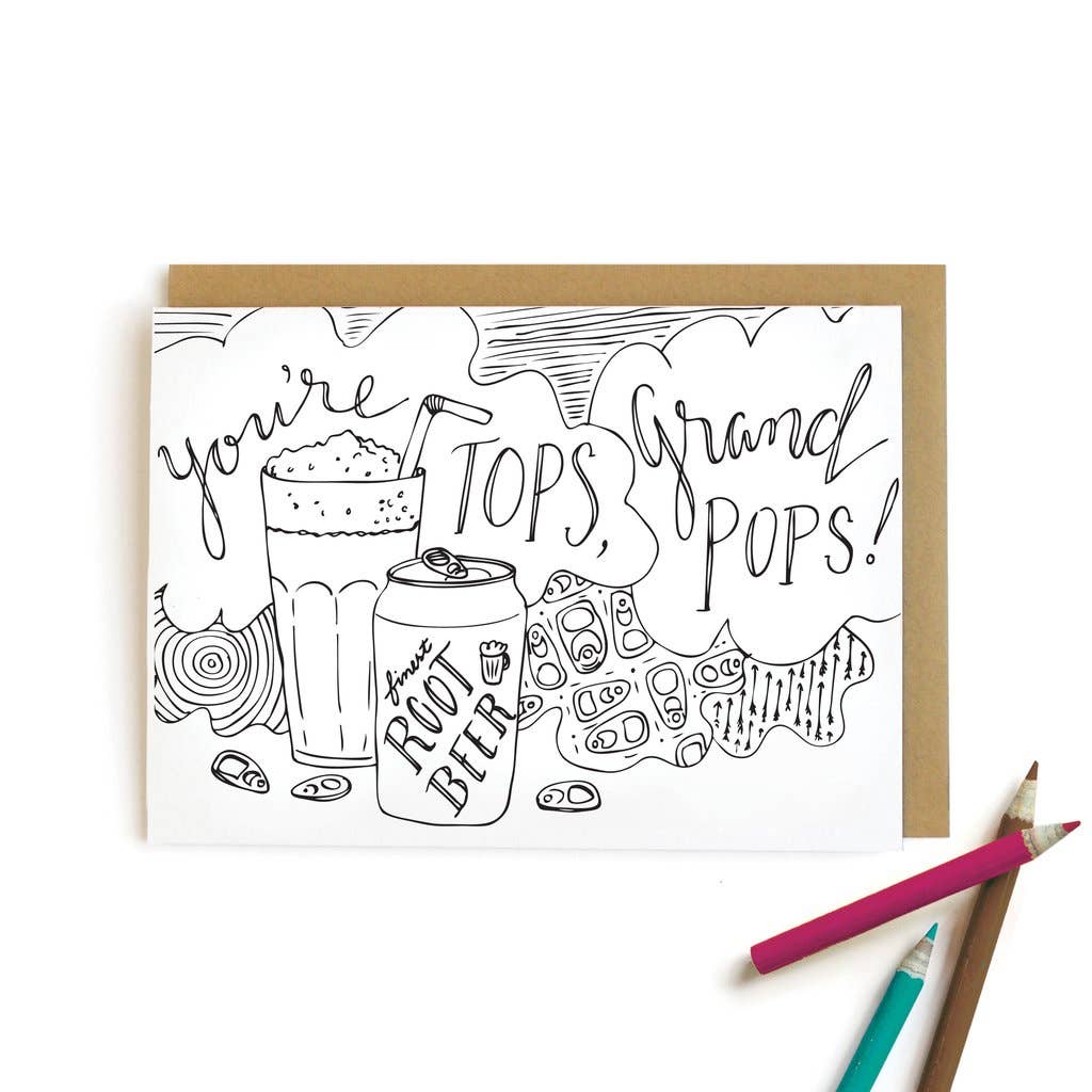 Greeting card with black and white illustration of a root beer can and glass, with text 'you're tops grand pops!'. Color yourself card