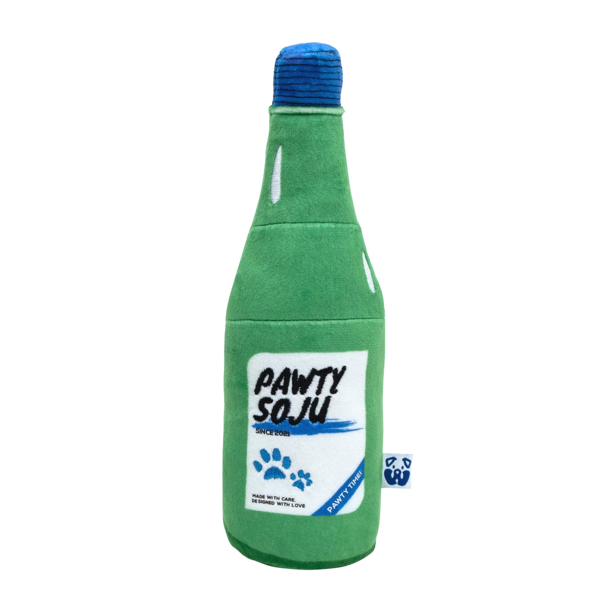 Green soju bottle-shaped dog toy with blue cap and 'Pawty Soju' label on a white background