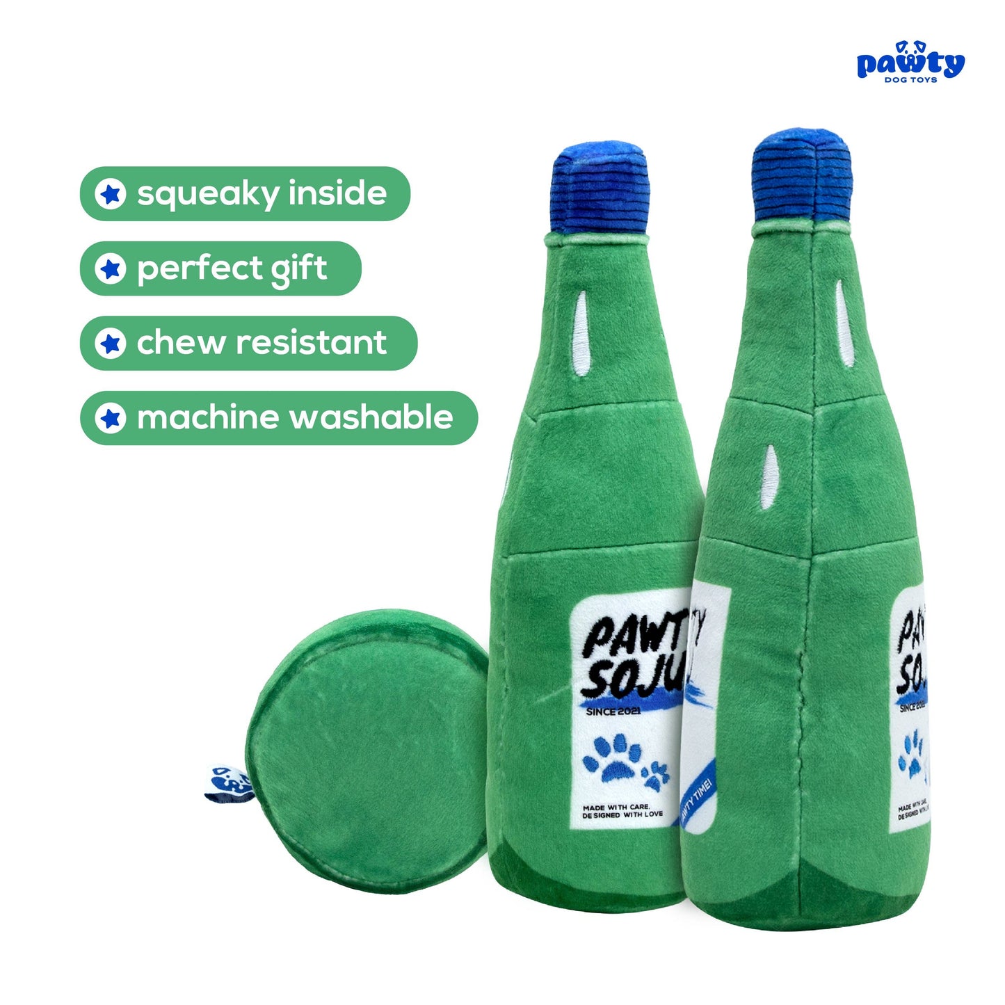 Green soju bottle-shaped dog toy with blue cap and "pawty soju" label on a white background. Text on graphic also lists toy features