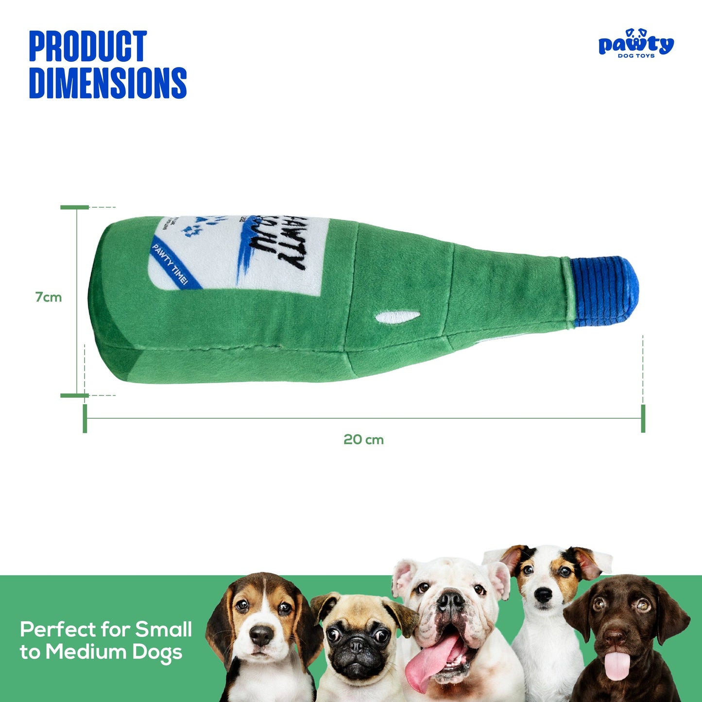 Green soju bottle-shaped dog toy with dimensions and a label, featuring five dogs below.