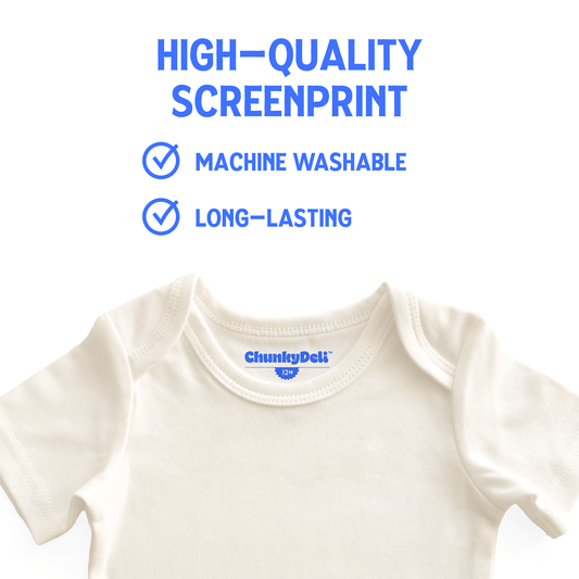 White baby onesie with 'ChunkyDell' branding and text about screenprint quality on a white background.