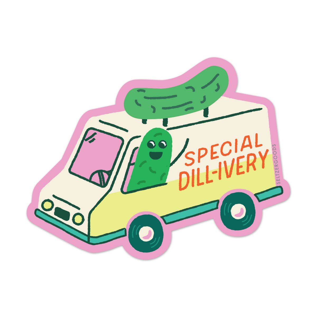 Sticker of a delivery truck that reads "Special Dill-ivery" on the side and features a dill pickle on the roof and another pickle driving the truck.