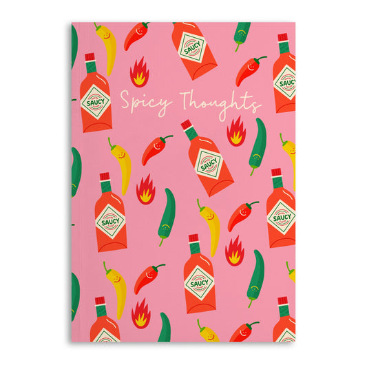 notebook with chili peppers, hot sauce bottles and fireballs on it and text in top center that reads "Spicy Thoughts"
