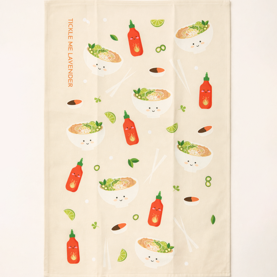 Beige towel with vietnamese food illustrations on a white background