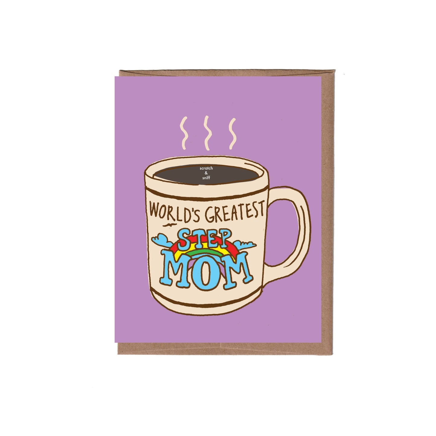 Card with a coffee mug illustration and text 'World's Greatest Step Mom' on a purple background