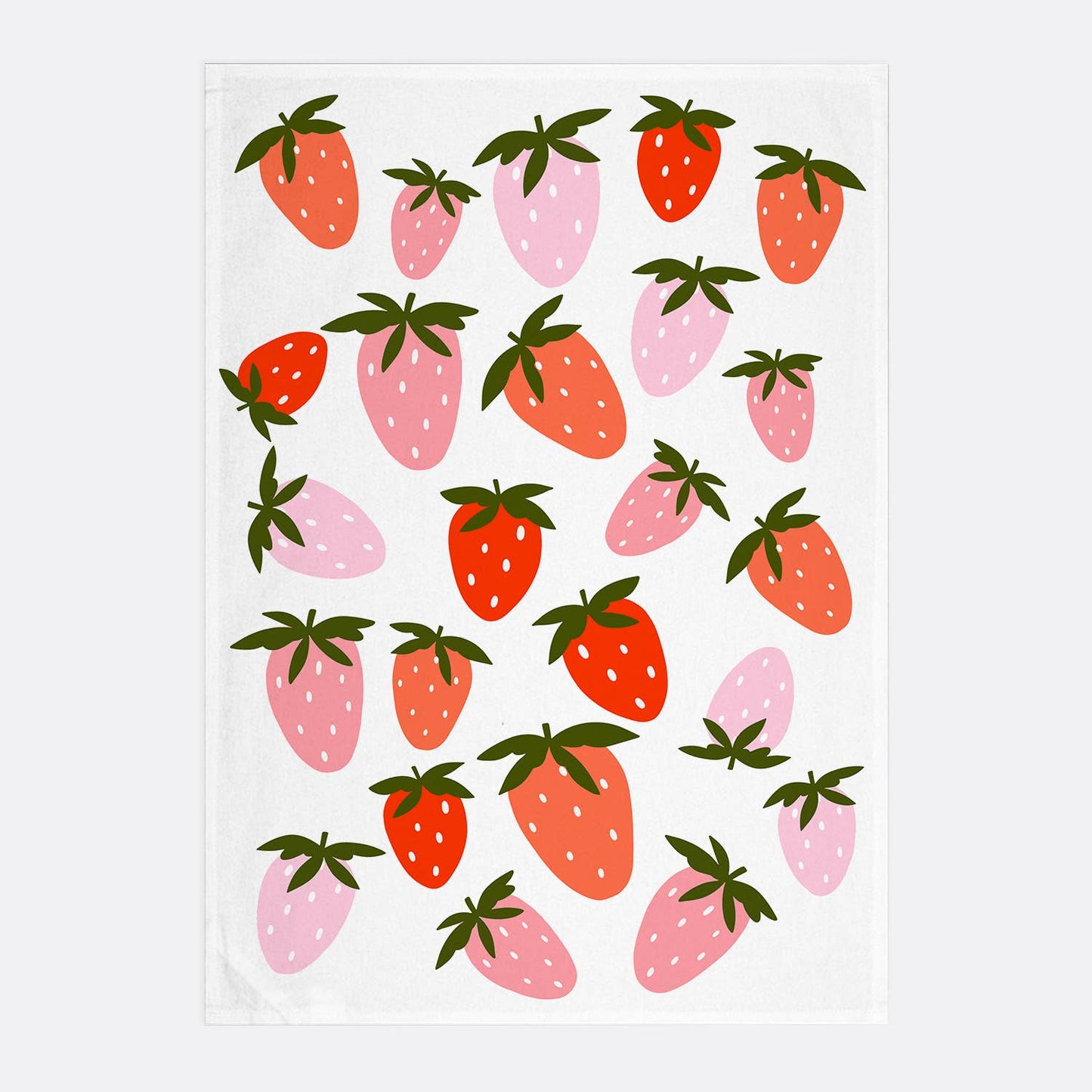 White kitchen towel with pink and red strawberries on it