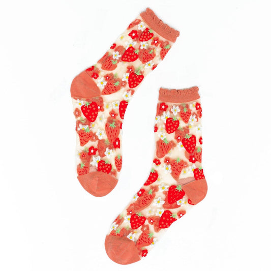 Pink and red strawberry sheer crew socks