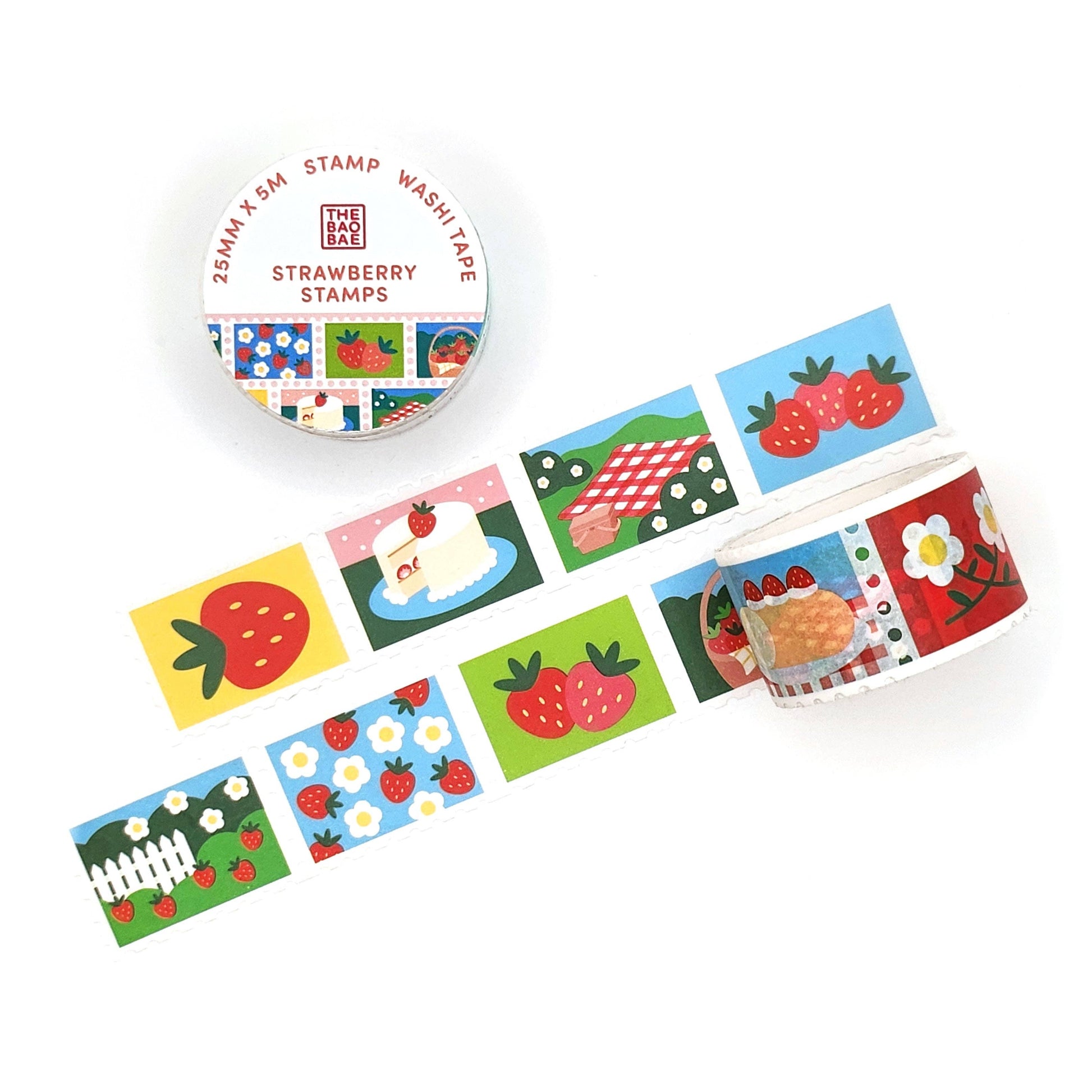 Set of strawberry-themed washi tape stamps on a white background
