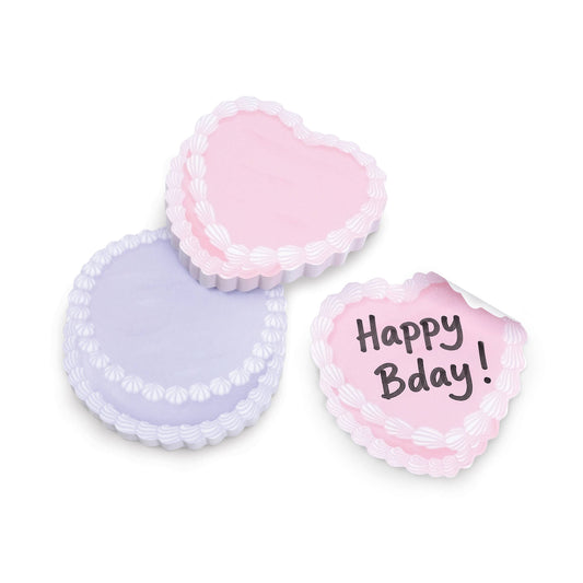 Three round, pink and purple birthday cake-shaped sticky notes with 'Happy Bday!' text on a white background.