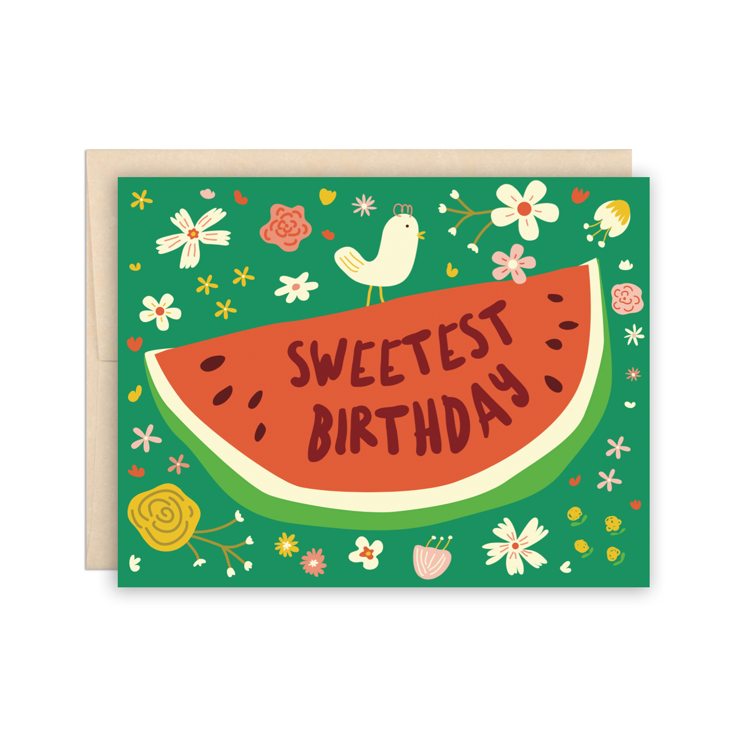 Birthday card with floral art and a watermelon on the front, with text that reads "sweetest birthday"