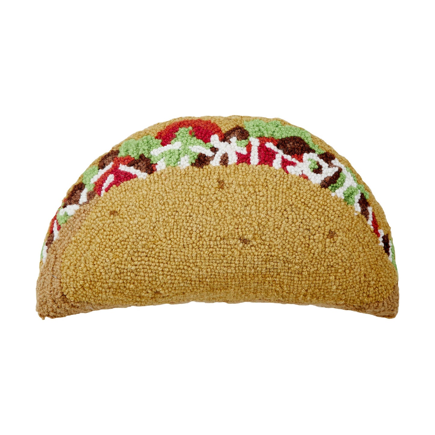 Taco-shaped pillow with a colorful filling on a white background
