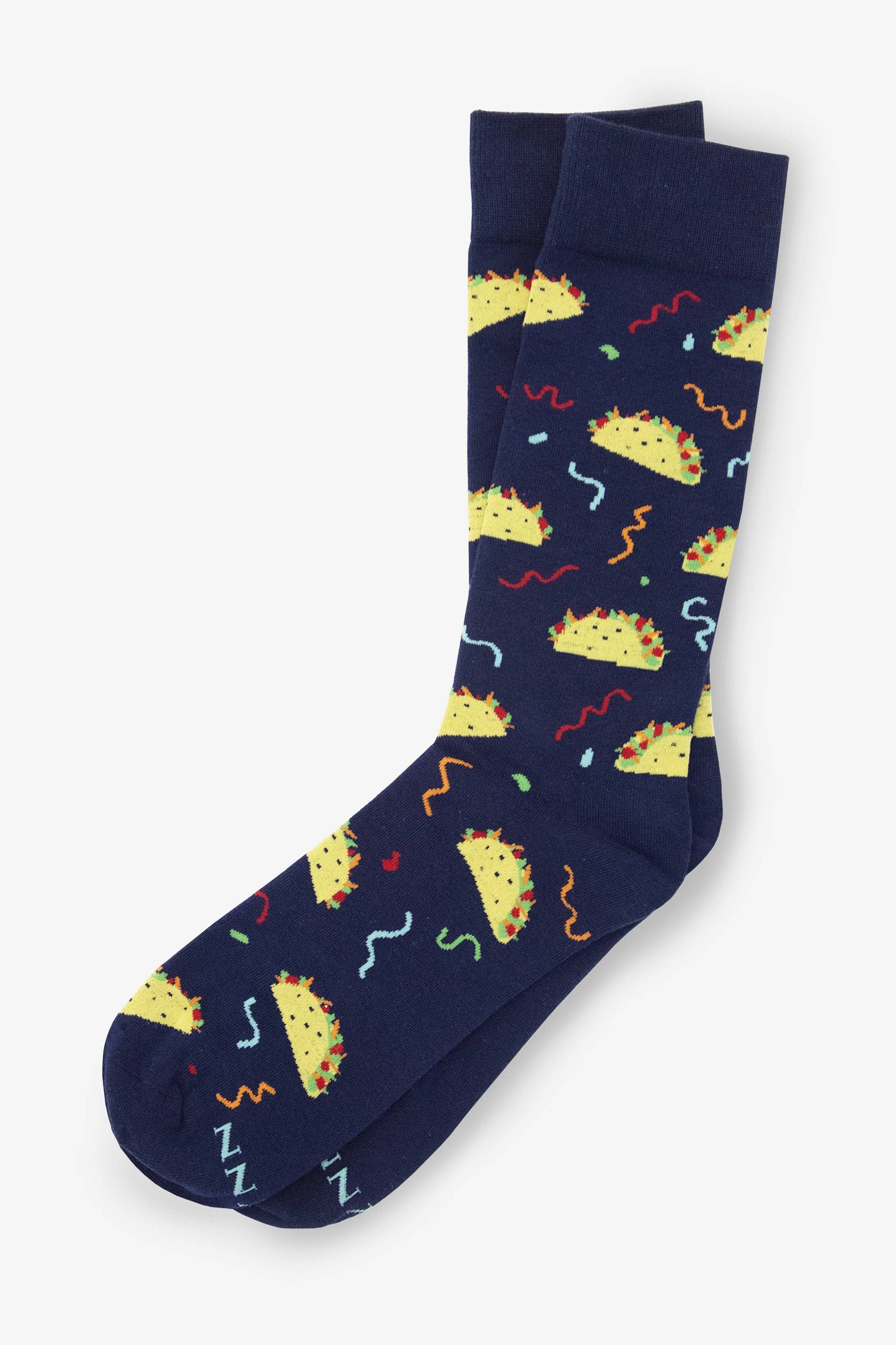 Navy blue socks with pizza pattern on a white background