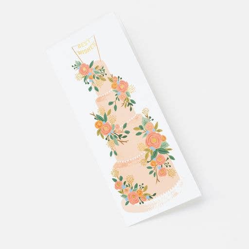 long wedding card with a 4 tier cake on it and cake topper banner reads "Best Wishes"