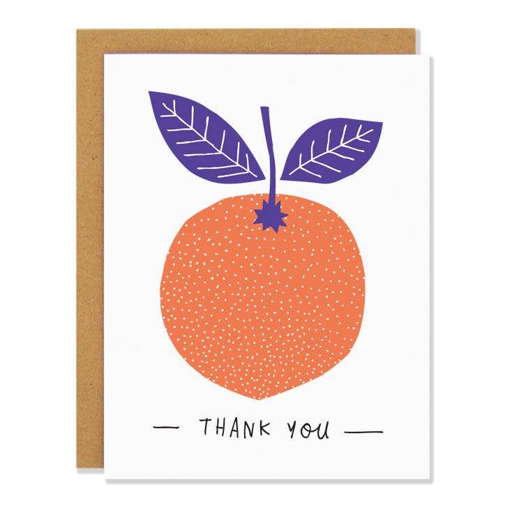 Greeting card with an orange with purple stem and leaves on it. Text at bottom reads "Thank You"