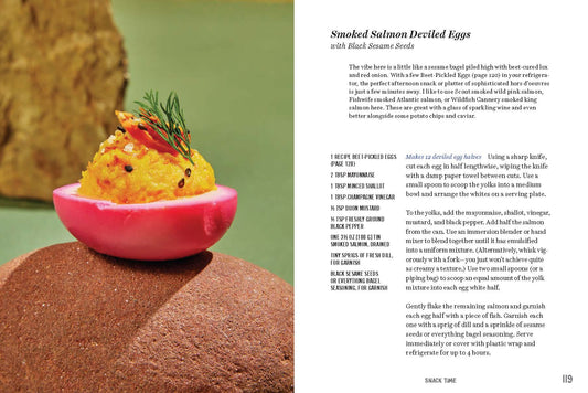 Smoked Salmon Deviled Eggs with Black Sesame Seeds on a pink serving dish, accompanied by a recipe on the right.