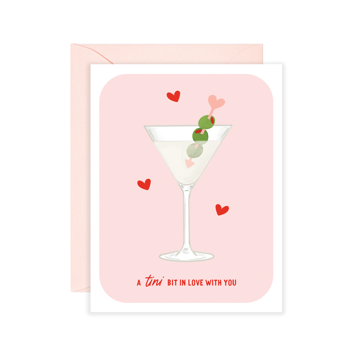 Card with a martini glass illustration and heart details on a pink background