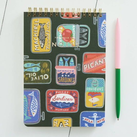 small, spiral, lined notebook with a hand painted tinned fish design