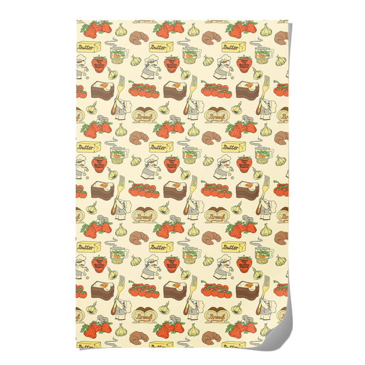 Patterned paper with illustrations of food items and kitchen tools on a beige background