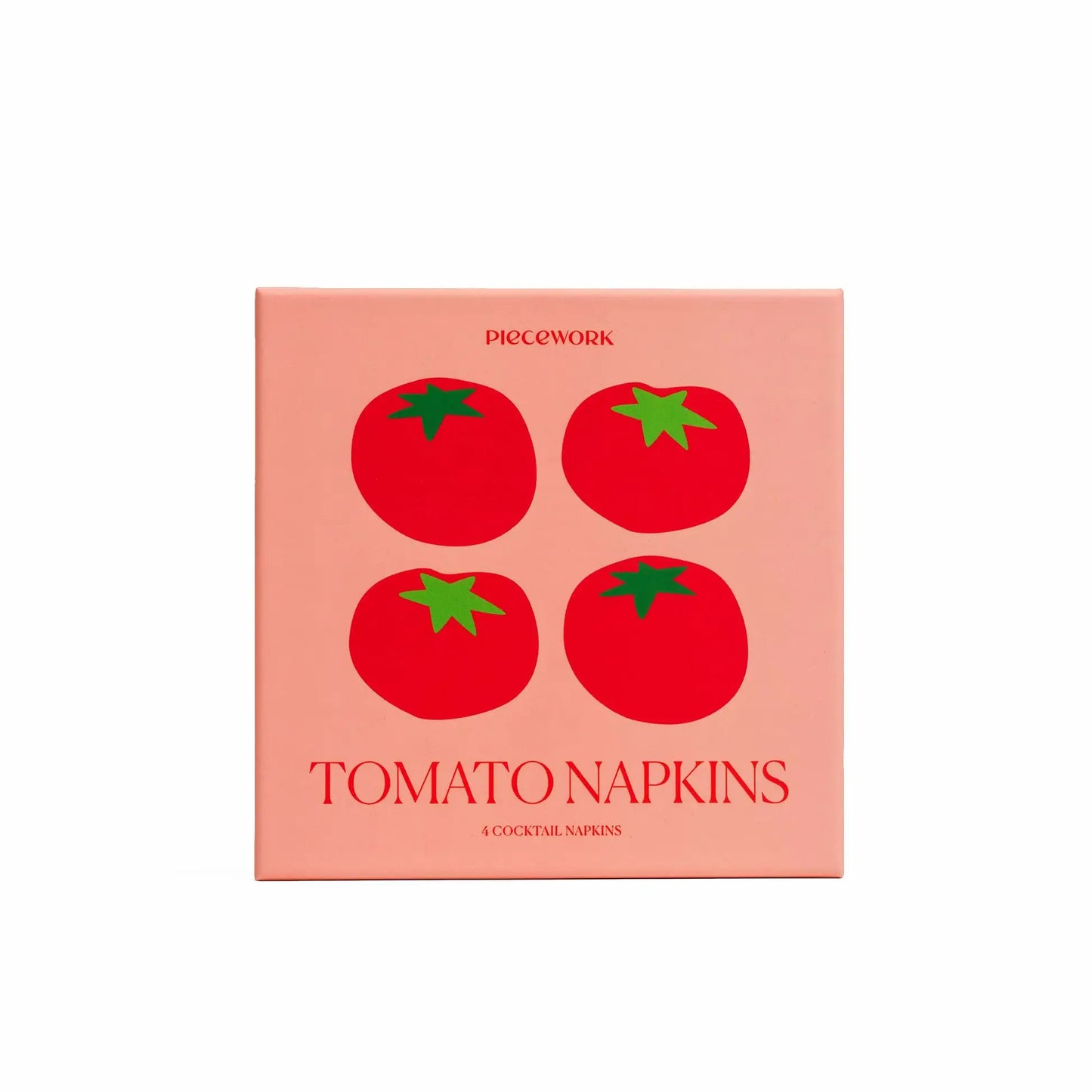 Packaging of tomato-themed napkins with red tomatoes and green leaves on a pink background.