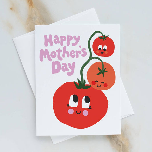 Card with cartoon tomatoes and 'Happy Mother's Day' text on a white background
