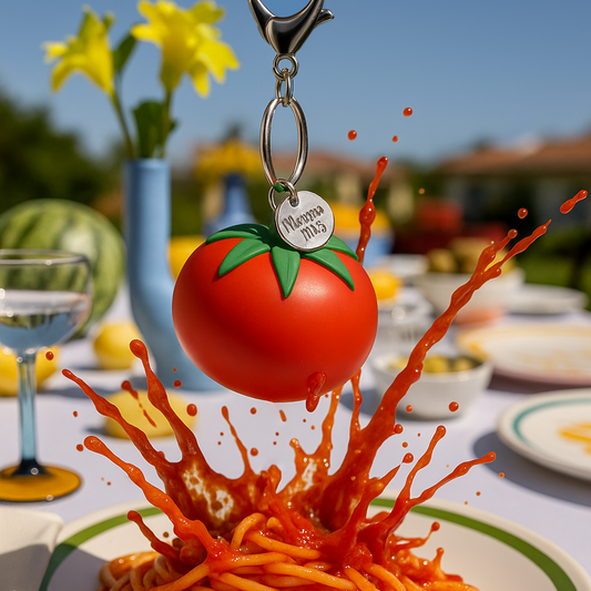 Stress ball keychain shaped like a tomato with pasta and sauce on a plate outdoors