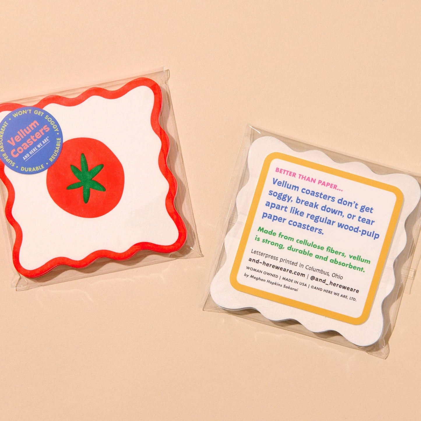 Vellum coasters with tomato design and packaging on a beige background