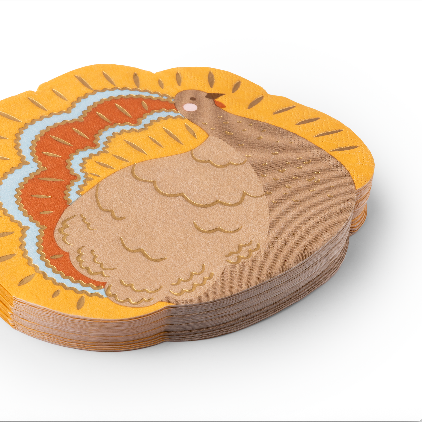 Stack of paper napkins with a turkey design on a white background