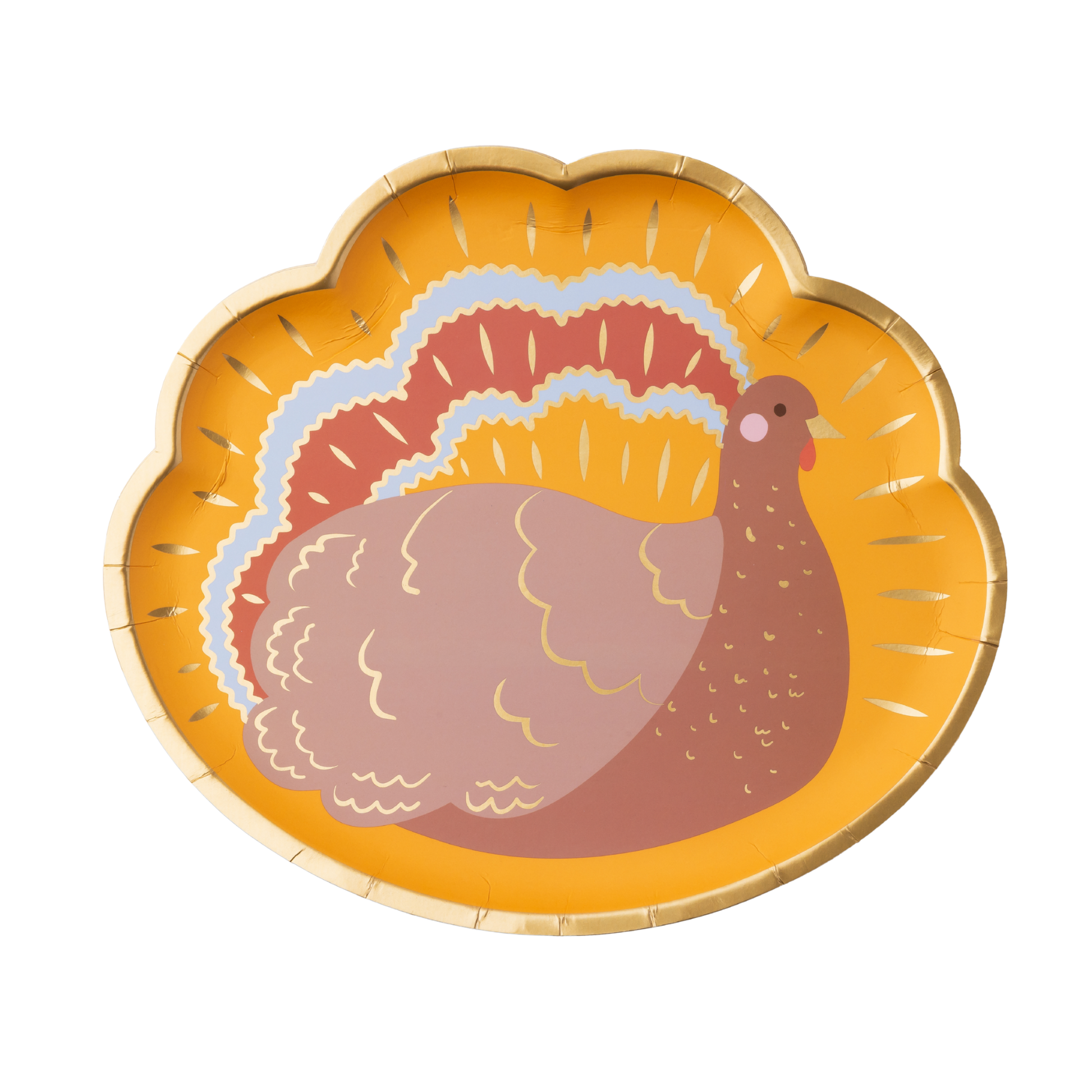 Turkey-shaped paper plate with a gold rim on a white background