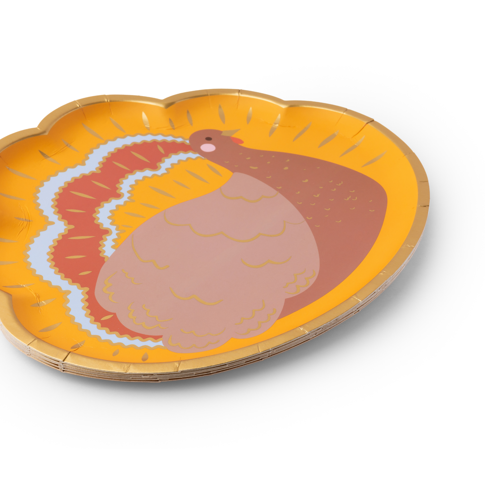 Paper plate with a turkey design on an orange background