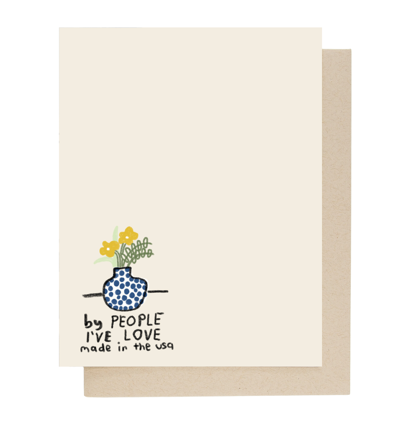 Back of card with a blue vase and flowers illustration and branded text on a white background