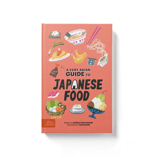 children's illustrated book titled "A Very Asian Guide to Japanese Food". Cover is red in color with various Japanese foods on it including ramen, mochi, natto sushi and shrimp tempura