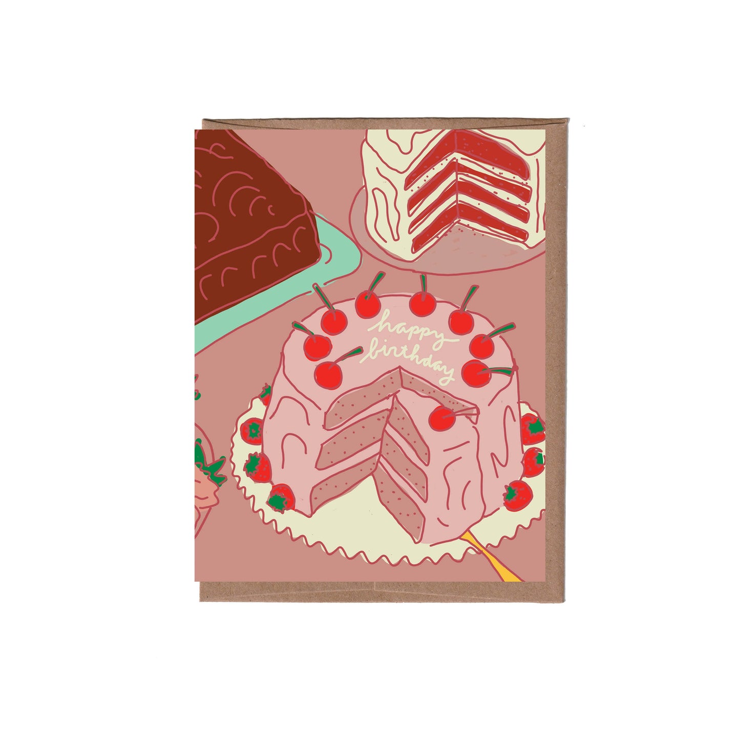 Greeting card with 3 birthday cake illustrations. Scratch and sniff card with a strawberry scent