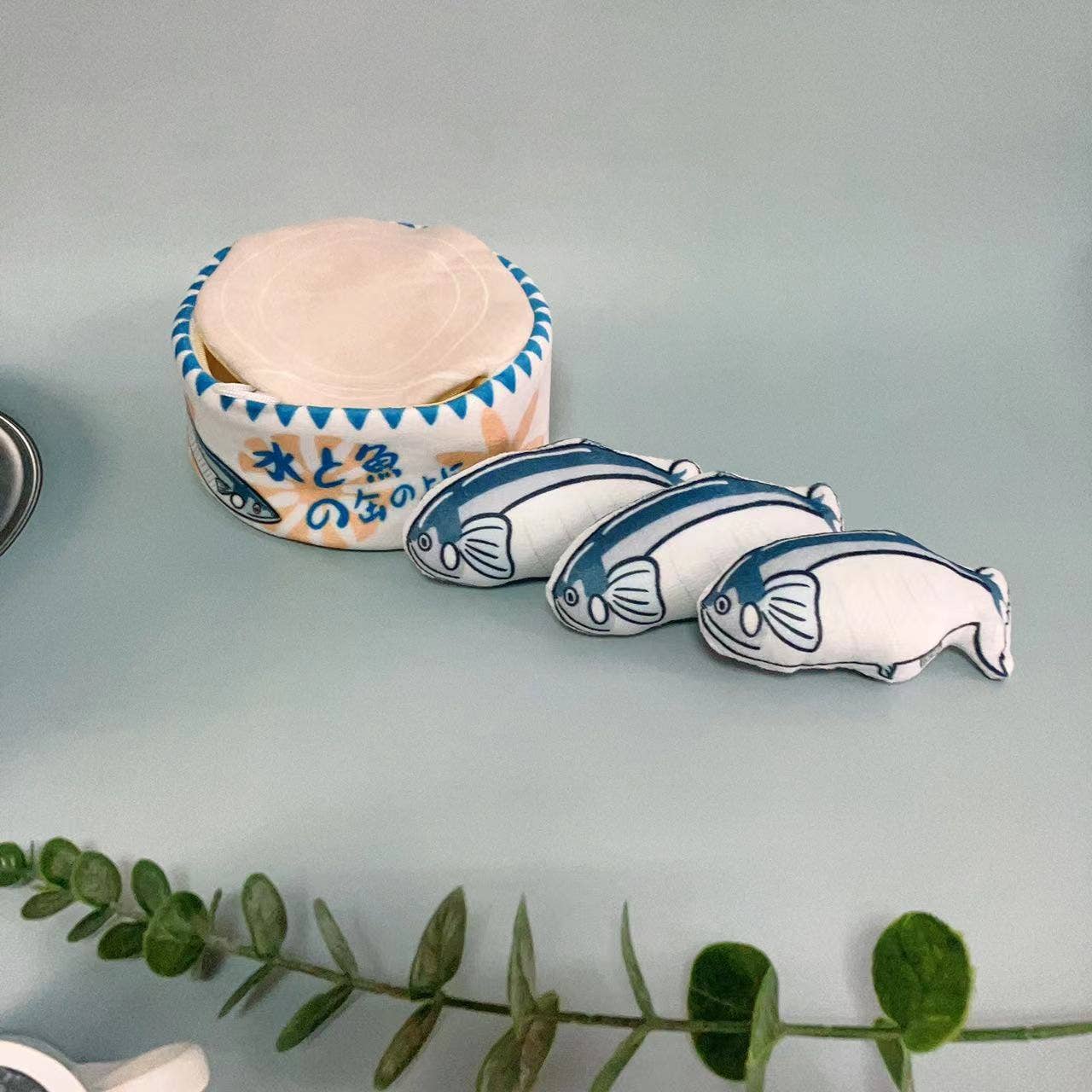 White fish can catnip toy with 3 individual fishes inside