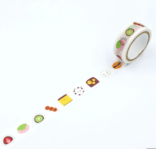 Decorative tape with colorful japanese sweets designs on a white background