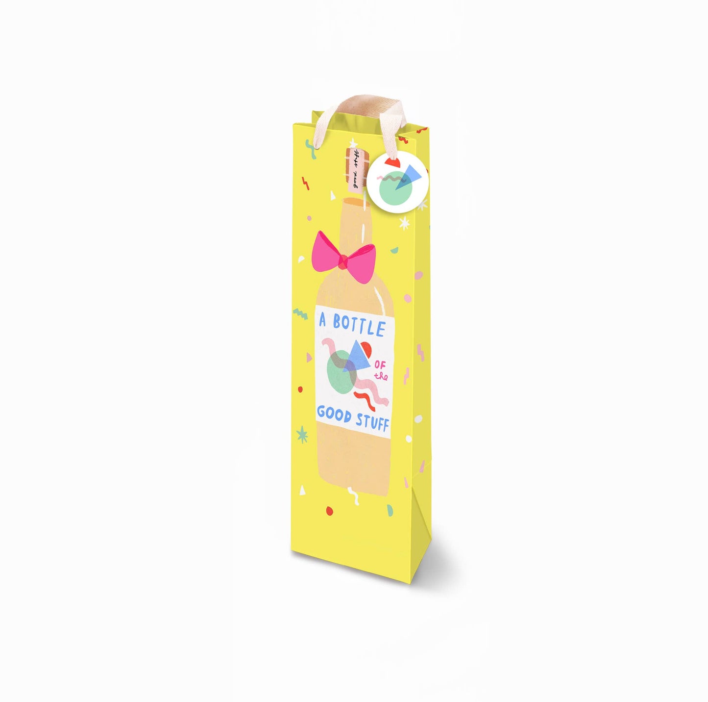 Yellow wine bag that has an image of a bottle of wine that reads "A bottle of the good stuff"