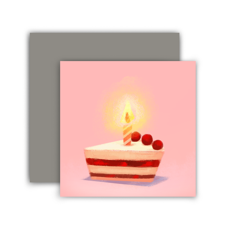 mini pink birthday card with a slice of cake and a candle on it