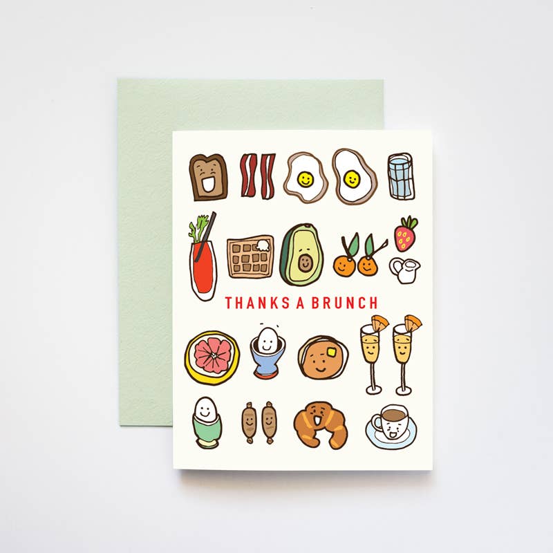 Brunch greeting card -- Card has various brunch food and drinks on it and reads "Thanks a brunch"