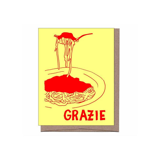 Greeting card with a bowl of spaghetti and a fork lifting the noodles in the air. Yellow card with red print. Card has the word GRAZIE.