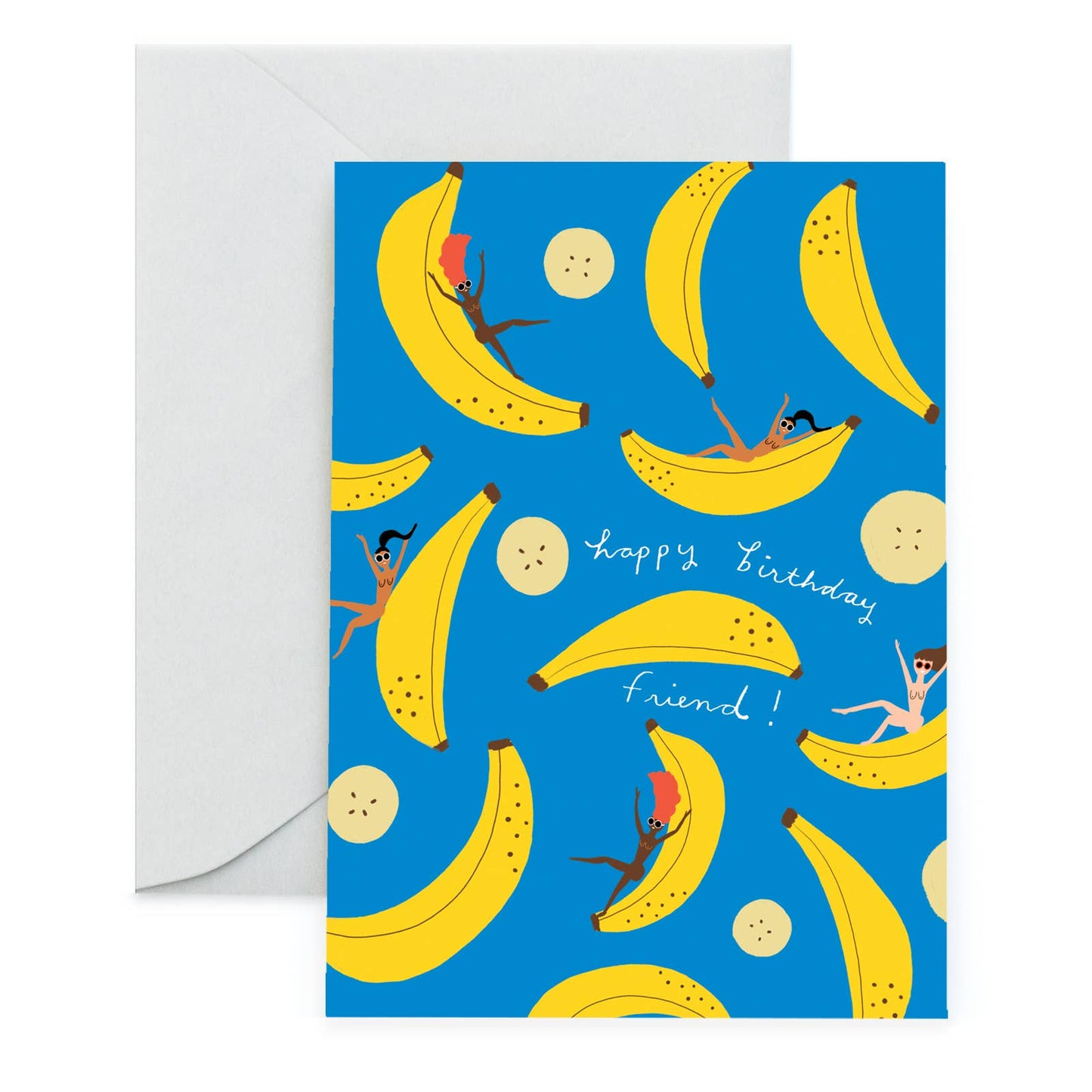 Blue greeting card -- it is designed with slices of banana as well as whole bananas with women in bikinis sliding down them. Text reads "Happy birthday friend!"