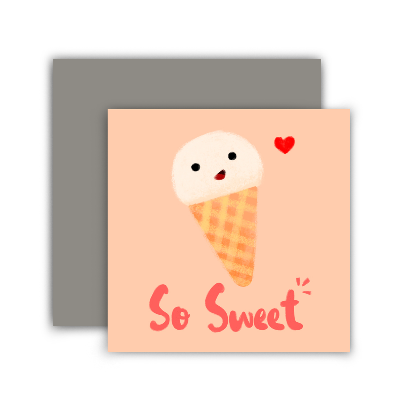 Light pink mini greeting card that reads "So Sweet" and has an ice cream cone on it