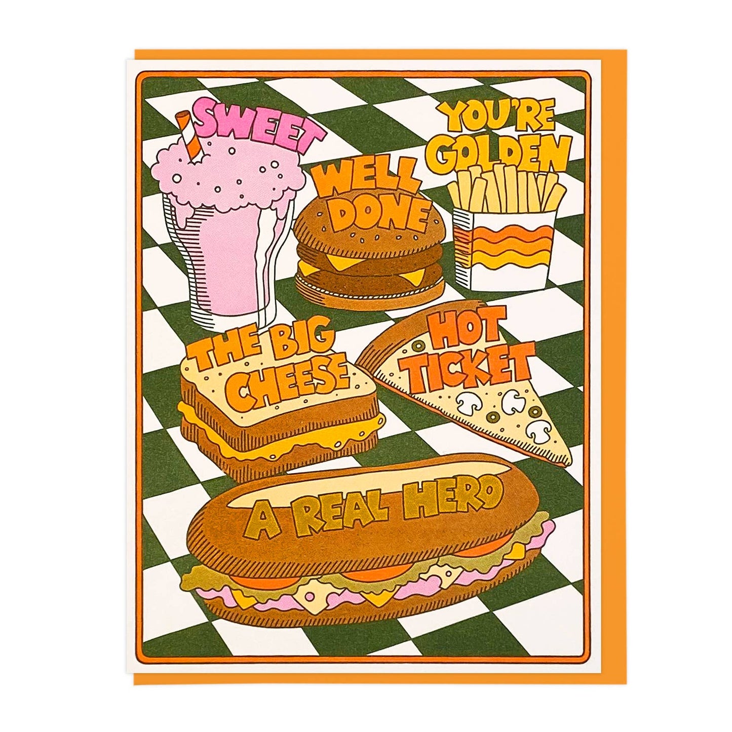 Greeting card -- has various fast food treats: milkshake, cheeseburger, fries, grilled cheese, pizza, and a hero sub