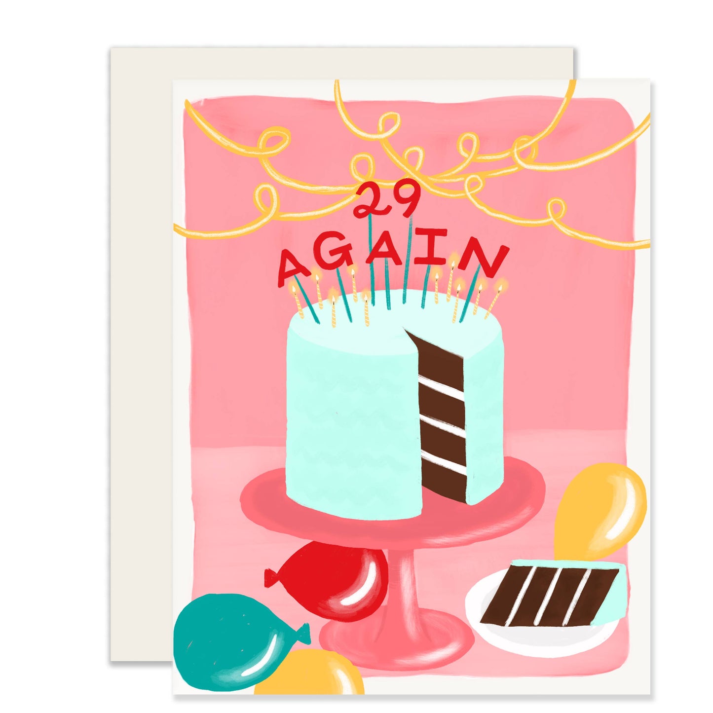 birthday cake card whose candles read "29 again"