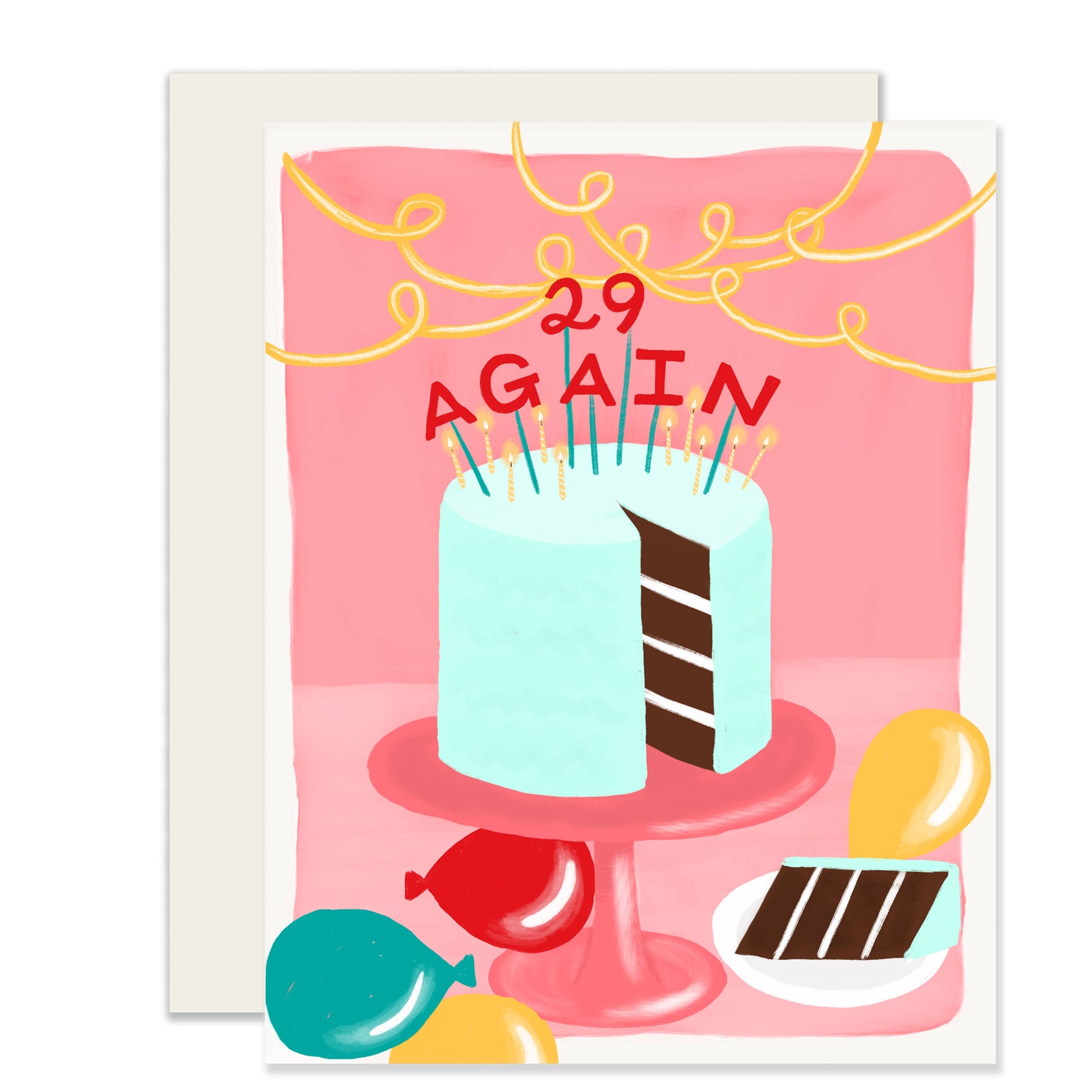 birthday cake card whose candles read "29 again"