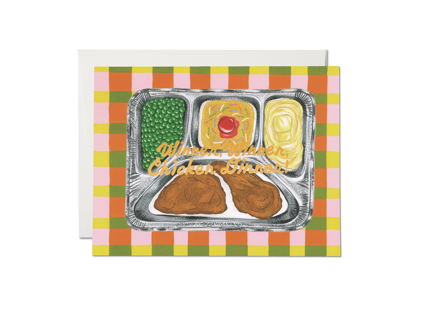 Greeting card that reads "Winner, Winner, Chicken Dinner!" over a foil tray of chicken, peas, mashed potatoes and dessert