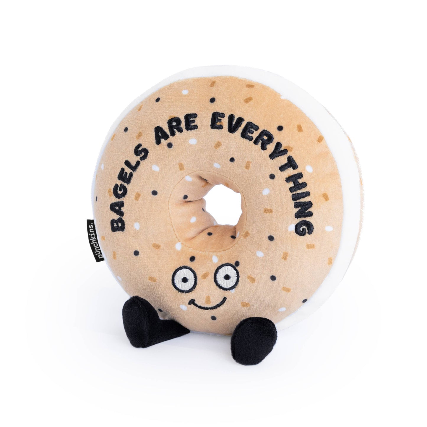 Everything bagel plush toy that reads "bagels are everything"