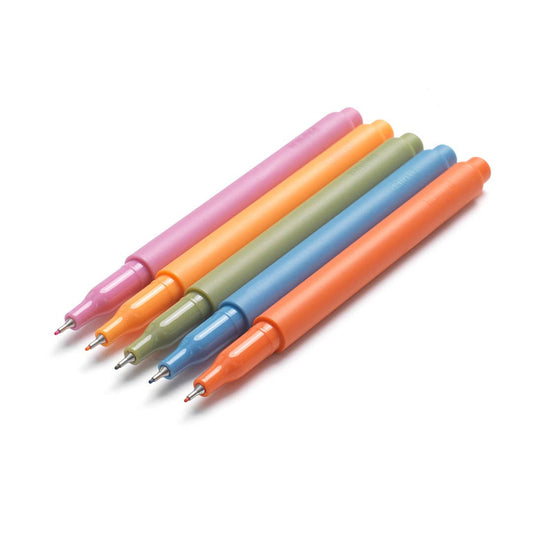 Set of 5 fine tip pens. Colors L to R: pink, yellow, green, blue and orange