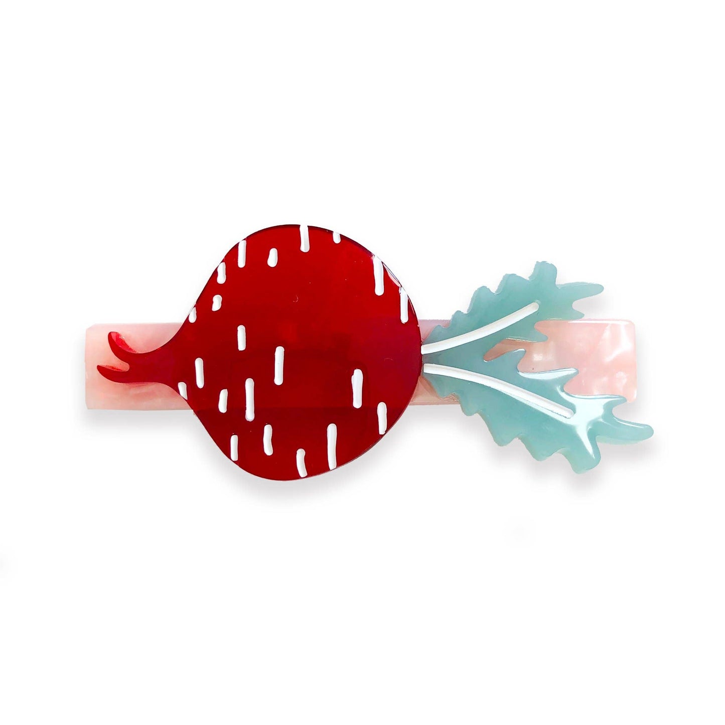 Hair barrette -- translucent red beet with mint green leaves on a pearlescent pink post